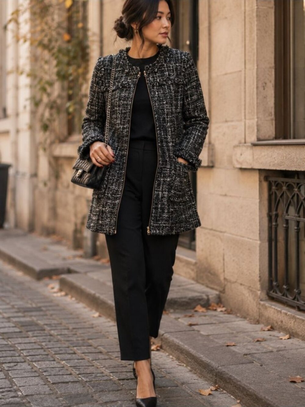 J. Crew Black White Tweed Zip Front Pea Coat Fall Career Chic Classic Size 14